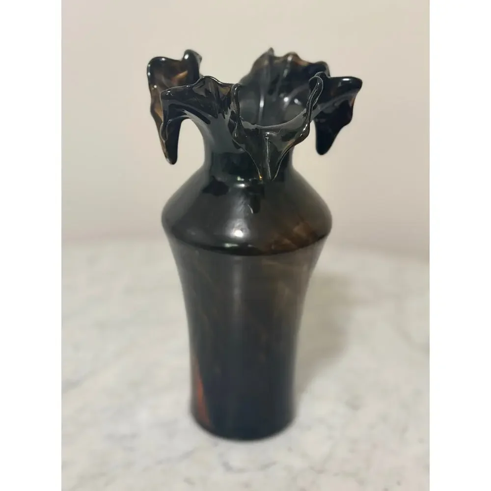 Vintage Black Amethyst Art Glass Vase 9” Hand-Blown Ruffled Crimped Rim